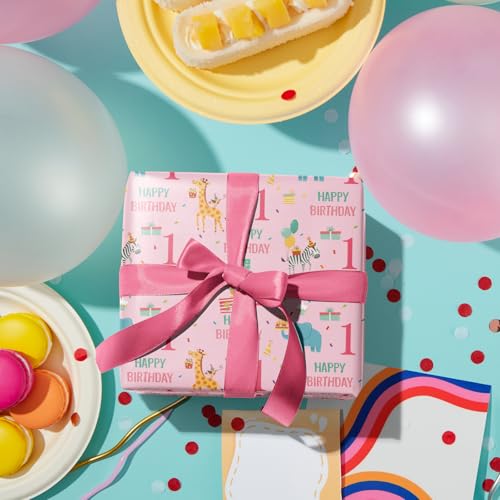 LeZakaa 1st Birthday Wrapping Paper Roll - Pink Happy Birthday with Cute Animal Design for Age1 Baby Girl, Party, Baby Shower - Mini Roll - 17 inches x 16.4 Feet (23.2 sq.ft.) - Image 3