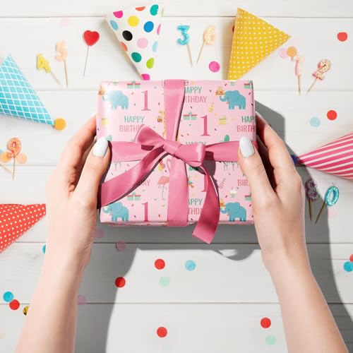 LeZakaa 1st Birthday Wrapping Paper Roll - Pink Happy Birthday with Cute Animal Design for Age1 Baby Girl, Party, Baby Shower - Mini Roll - 17 inches x 16.4 Feet (23.2 sq.ft.) - Image 2