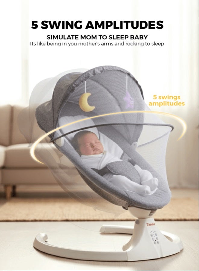 زينيث أرجوحة كهربائية متعددة الوظائف للأطفال – تهدئ وتسلّي الرضع، مزودة بسرعة قابلة للتعديل، حركة تأرجح لطيفة، مقعد مبطن ناعم، أوضاع موسيقى واهتزاز، محمولة وآمنة للمواليد الجدد والأطفال الصغار – باللون الرمادي. - Image 3