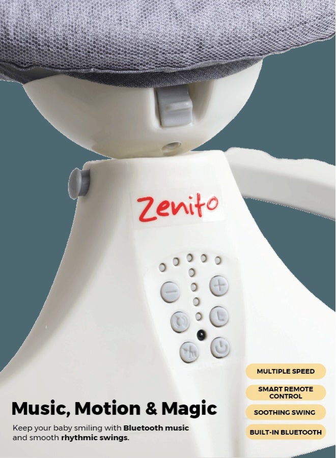 زينيث أرجوحة كهربائية متعددة الوظائف للأطفال – تهدئ وتسلّي الرضع، مزودة بسرعة قابلة للتعديل، حركة تأرجح لطيفة، مقعد مبطن ناعم، أوضاع موسيقى واهتزاز، محمولة وآمنة للمواليد الجدد والأطفال الصغار – باللون الرمادي. - Image 5