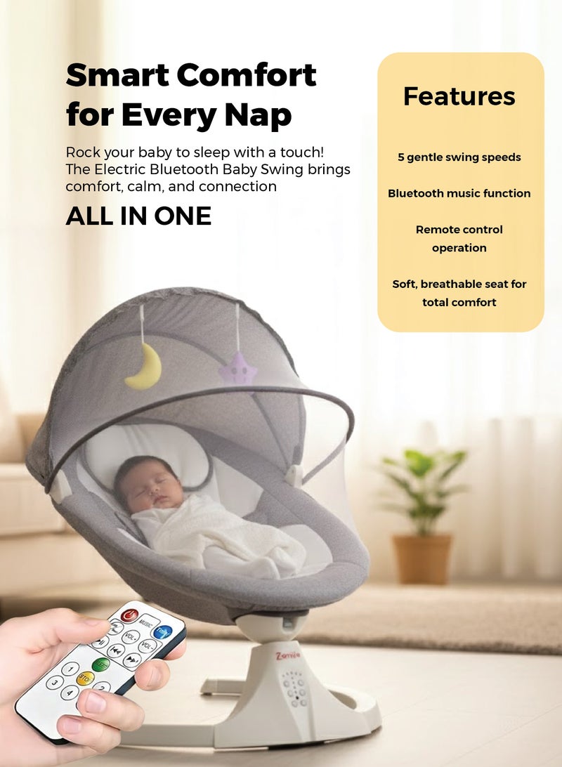 Zenito Electric Baby Swing - Soothing & Entertaining -Baby Swing for Infants, Electric Infant Swing with Remote Control Music Speaker, Baby Swing for Newborn with 5 Swing Speed,Baby Bouncer with mosquito net Baby Rocker for 0-2 years old - Grey - Image 2