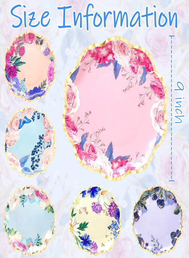 Benvo 60 Pack Floral Paper Plates 9 Inch Flower Dessert Plates Sparkle Disposable Plates for Tea Party Garden Party Baby Shower Bridal Shower Birthday Wedding Decorations(6 Assorted Styles) - Image 2