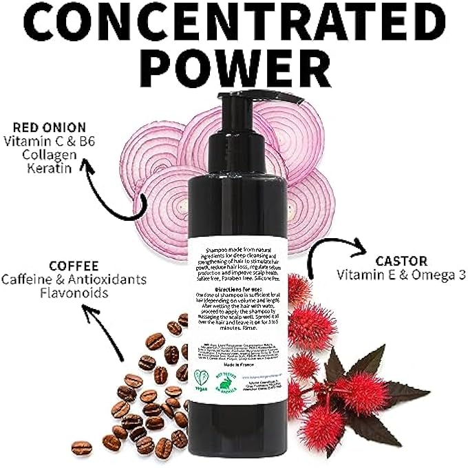 ONION, CAFFEINE CASTOR SHAMPOO FOR OILY HAIR: SCALP STIMULATOR, TONIC, ANTI-HAIR LOSS AND DANDRUFF. PARABENS, SULPHATES, SILICONES FREE - 200 ML - Image 3