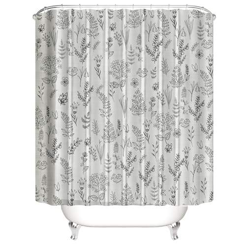 Chrainy 4Pcs Beige Floral Leaves Shower Curtain Sets Plants Spring Flowers Rustic Bathroom Accessories Set Botanical Sage Nature Hand Drawn Vintage Herbs Bathroom Decor with Rugs and 12 Hooks - Image 3