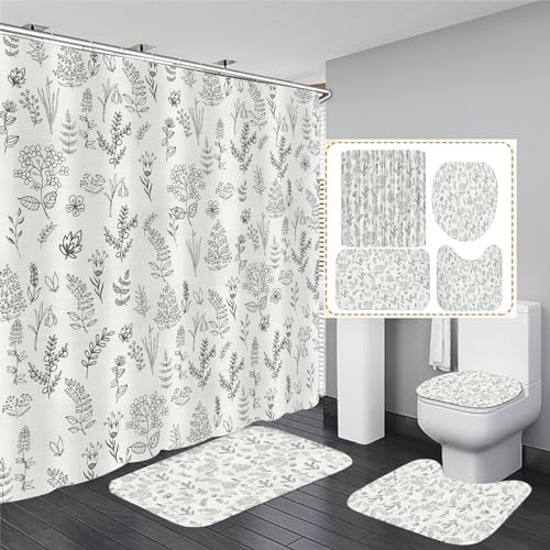 Chrainy 4Pcs Beige Floral Leaves Shower Curtain Sets Plants Spring Flowers Rustic Bathroom Accessories Set Botanical Sage Nature Hand Drawn Vintage Herbs Bathroom Decor with Rugs and 12 Hooks - Image 1