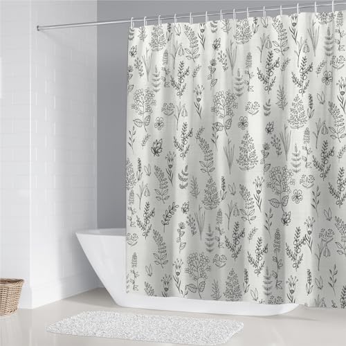 Chrainy 4Pcs Beige Floral Leaves Shower Curtain Sets Plants Spring Flowers Rustic Bathroom Accessories Set Botanical Sage Nature Hand Drawn Vintage Herbs Bathroom Decor with Rugs and 12 Hooks - Image 2