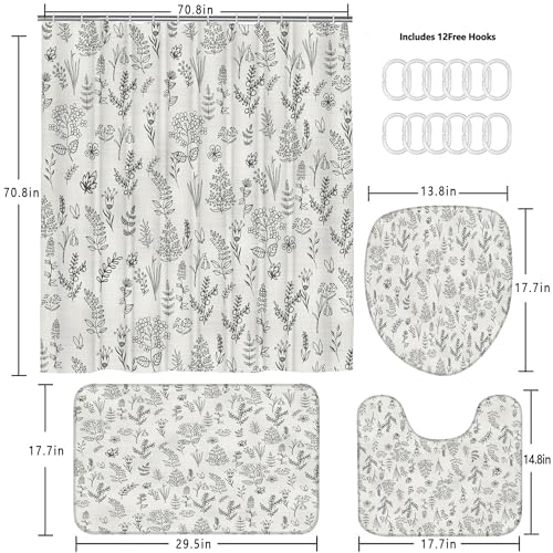 Chrainy 4Pcs Beige Floral Leaves Shower Curtain Sets Plants Spring Flowers Rustic Bathroom Accessories Set Botanical Sage Nature Hand Drawn Vintage Herbs Bathroom Decor with Rugs and 12 Hooks - Image 5