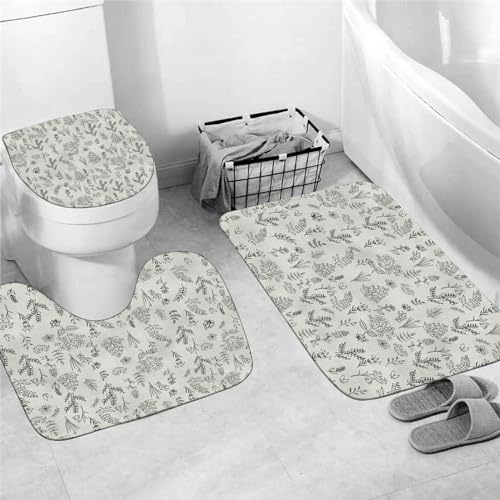 Chrainy 4Pcs Beige Floral Leaves Shower Curtain Sets Plants Spring Flowers Rustic Bathroom Accessories Set Botanical Sage Nature Hand Drawn Vintage Herbs Bathroom Decor with Rugs and 12 Hooks - Image 4
