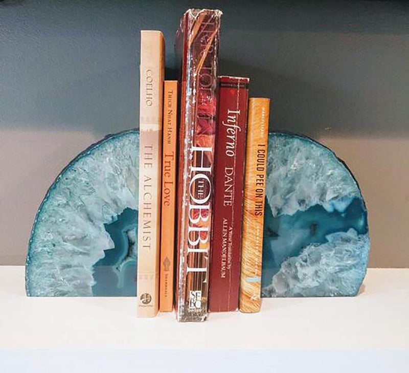 JIC Gem Book Ends Teal Agate Bookends for Shelves Decorative Geode Bookends to Hold Books Heavy Duty Home Decor with Rubber Bumpers(1 Pair, 4-6 LBS) - Image 2