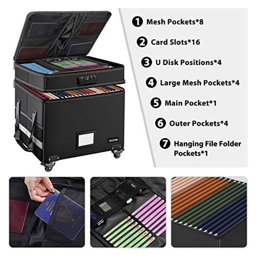 DocSafe Fireproof Document Box with Lock,2-Layer File Box with Wheels,Collapsible File Storage Organizer with Pockets,Large Portable Home Filing Cabinet for Hanging Folders,Black,16''x13.8''x12.2'' - Image 2