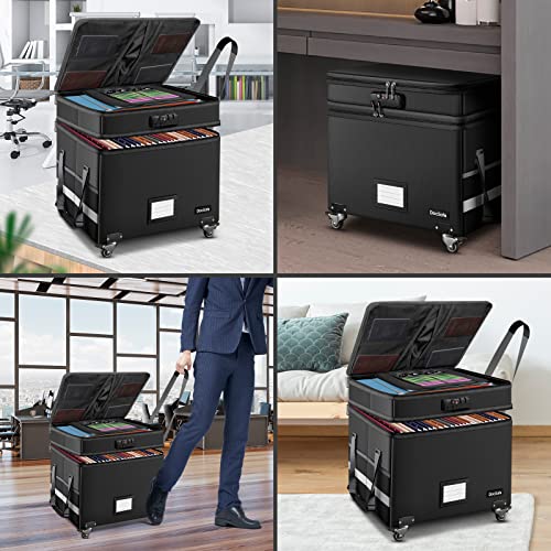 DocSafe Fireproof Document Box with Lock,2-Layer File Box with Wheels,Collapsible File Storage Organizer with Pockets,Large Portable Home Filing Cabinet for Hanging Folders,Black,16''x13.8''x12.2'' - Image 3