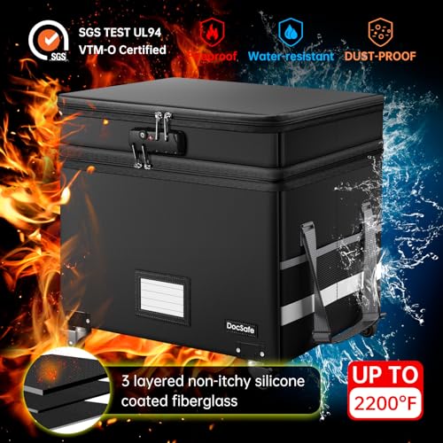 DocSafe Fireproof Document Box with Lock,2-Layer File Box with Wheels,Collapsible File Storage Organizer with Pockets,Large Portable Home Filing Cabinet for Hanging Folders,Black,16''x13.8''x12.2'' - Image 4