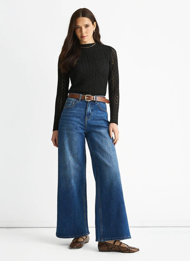 Blue Mid Rise Wide Leg Jeans