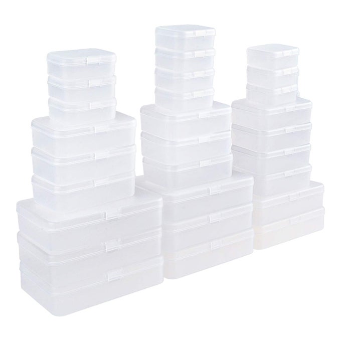 28 PIECES MIXED SIZES RECTANGULAR EMPTY MINI PLASTIC STORAGE CONTAINERS WITH LIDS FOR SMALL ITEMS AND OTHER CRAFT PROJECTS FROSTED