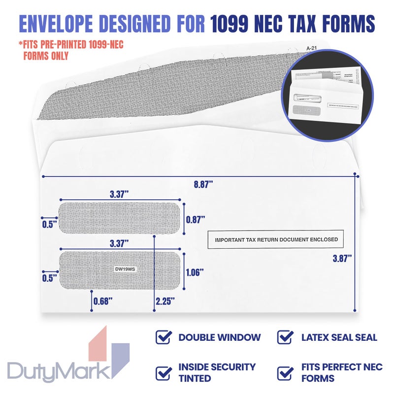 Dutymark 500 1099 NEC Tax Form Envelopes Designed for Printed 1099 NEC Forms 2025 -Gummed Seal- Double-Window, Security Tinted Envelopes, Fits Preprinted 3 up 1099 NEC, Box of 500 - Image 3