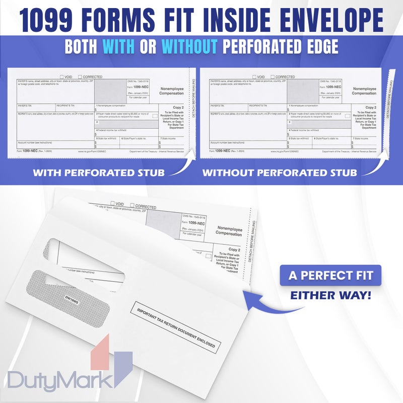 Dutymark 500 1099 NEC Tax Form Envelopes Designed for Printed 1099 NEC Forms 2025 -Gummed Seal- Double-Window, Security Tinted Envelopes, Fits Preprinted 3 up 1099 NEC, Box of 500 - Image 2
