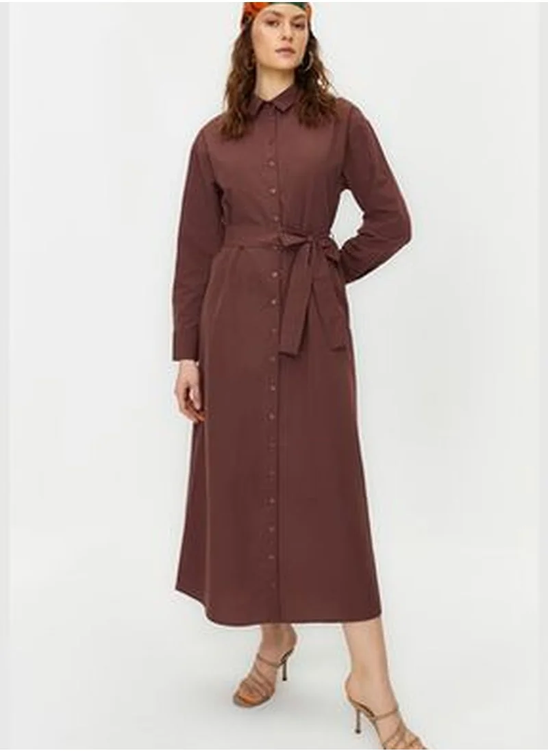 trendyol Brown Belted Cuffed Cotton Woven Shirt Dress TCTSS23EB00072