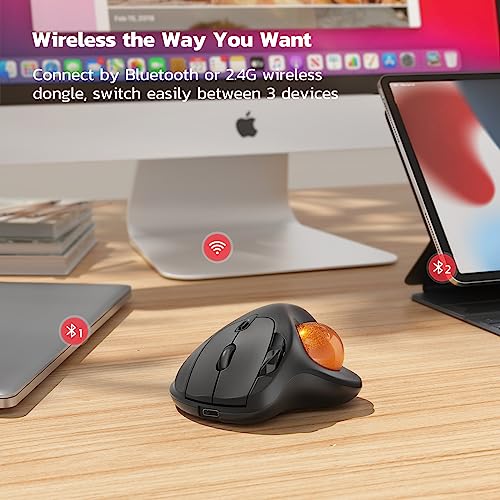 Nulea M501 Wireless Trackball Mouse, Rechargeable Ergonomic, Easy Thumb Control, Precise & Smooth Tracking, 3 Device Connection (Bluetooth or USB Receiver), Compatible for PC, Laptop, Mac (H-DOrange) - Image 4