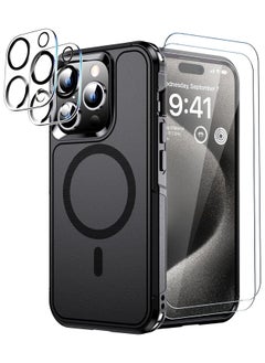 5 in1 Magnetic for iPhone 15 Pro Max Case Black with MagSafe - Military Grade Shockproof for iPhone 15 Pro Max Phone Case Cover, 2 Tempered Glass Screen Protector+2 Camera Lens Protector Accessory