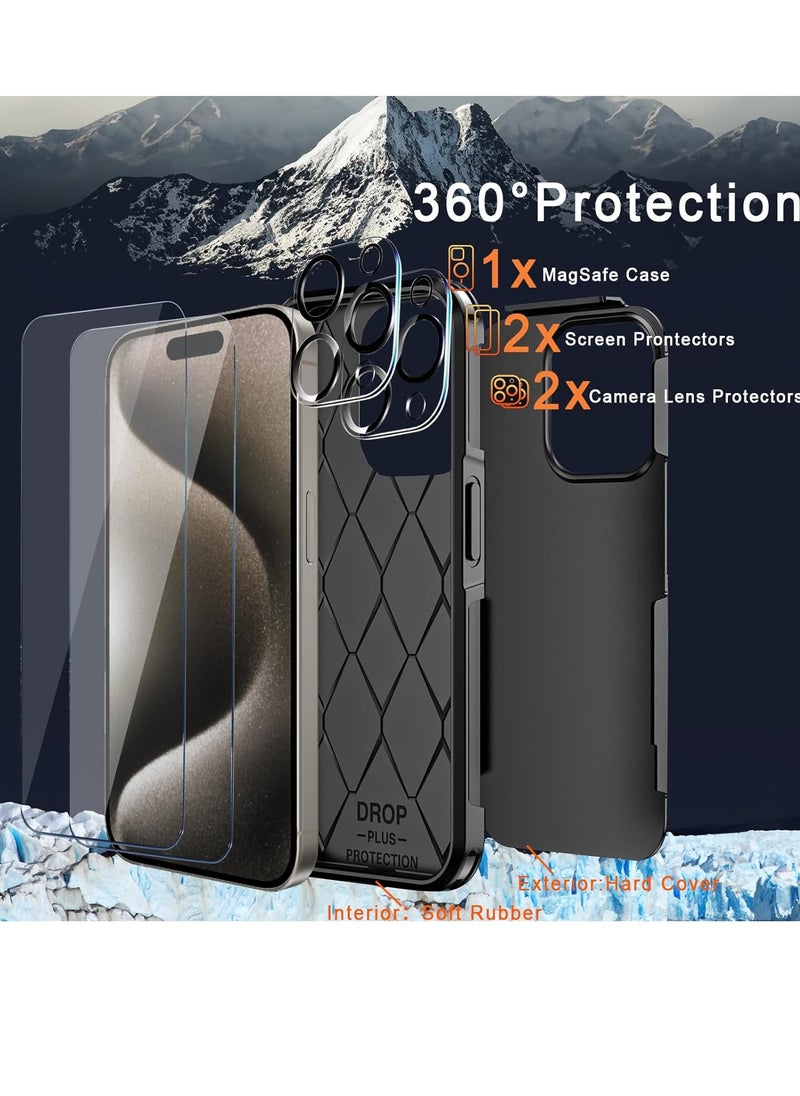 ELTRAZONE - 5 in1 Magnetic for iPhone 15 Pro Max Case Black with MagSafe - Military Grade Shockproof for iPhone 15 Pro Max Phone Case Cover, 2 Tempered Glass Screen Protector+2 Camera Lens Protector Accessory - Image 1