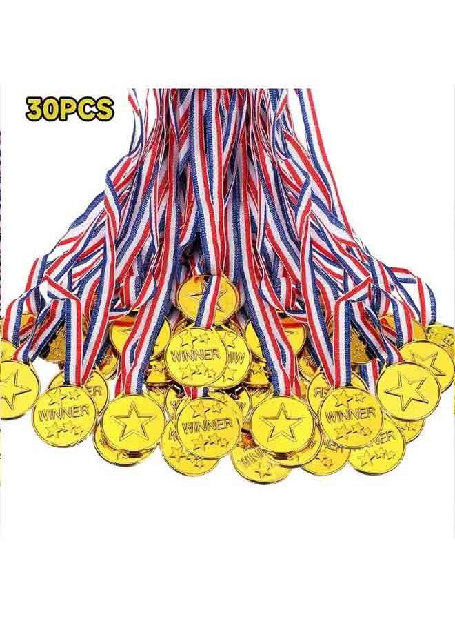 30-Piece Kids Plastic Winner Medals with Ribbon,  for Kids Sports Awards, Games Competitions, Prizes, Party Favors and Decorations (Gold)  - Image 1