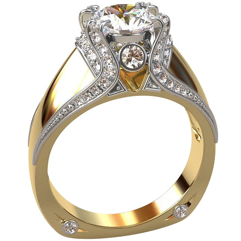 925 Sterling Silver Shiny Full Diamond Gemstone Ring Cubic Zirconia Rings 14K Yellow Gold Crown Modelling CZ Diamond Multi Row Ring Eternity Engagement Wedding Band Ring for Women US Code 7