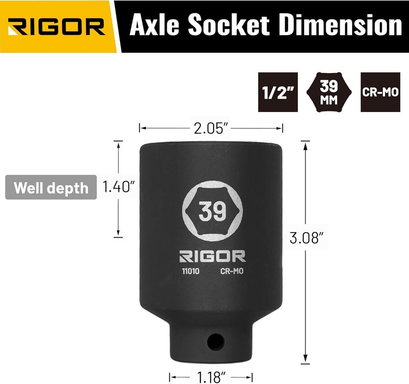 Rigor 11010 39mm Axle Nut Impact Socket | 1/2-Inch Drive, 6 Point, Deep, CR-MO, Metric | Quick-Fit for Hog Ring Anvil | Laser Etched - Image 2