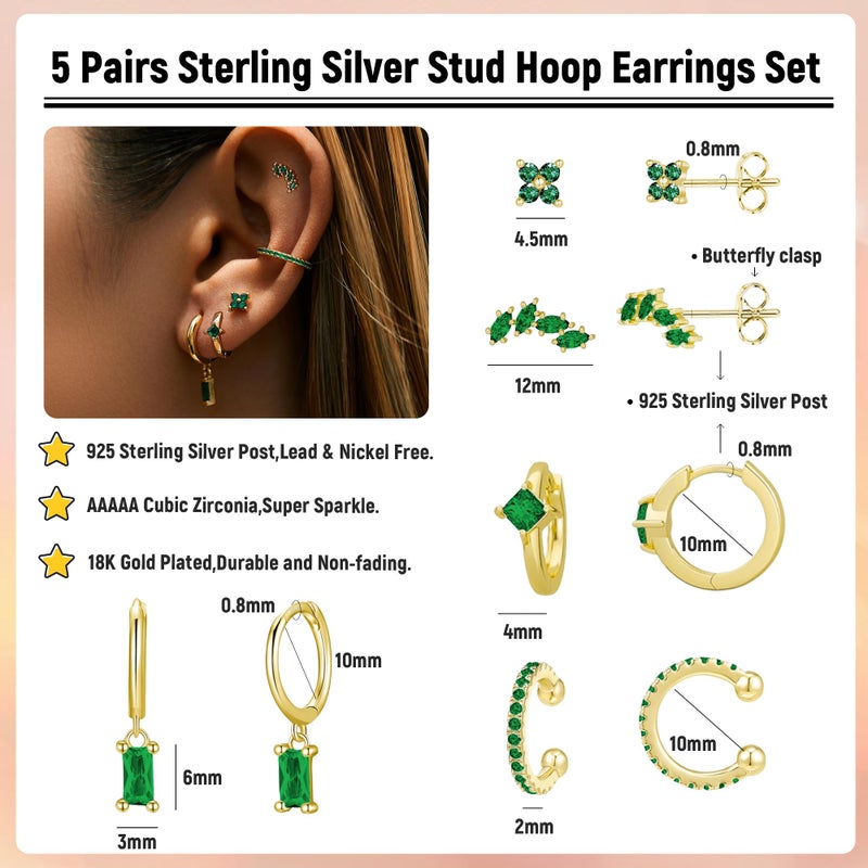 LOFITOR 5 Pairs Sterling Silver Stud Hoop Earrings for Women Teens Dainty 14k Gold Dainty Earrings 925 Sterling Silver Cartilage Earrings Stud Earrings Huggie Earrings Set for Multiple Piercing Small Hoop Earrings Stacks Green Leaf Set - Image 4