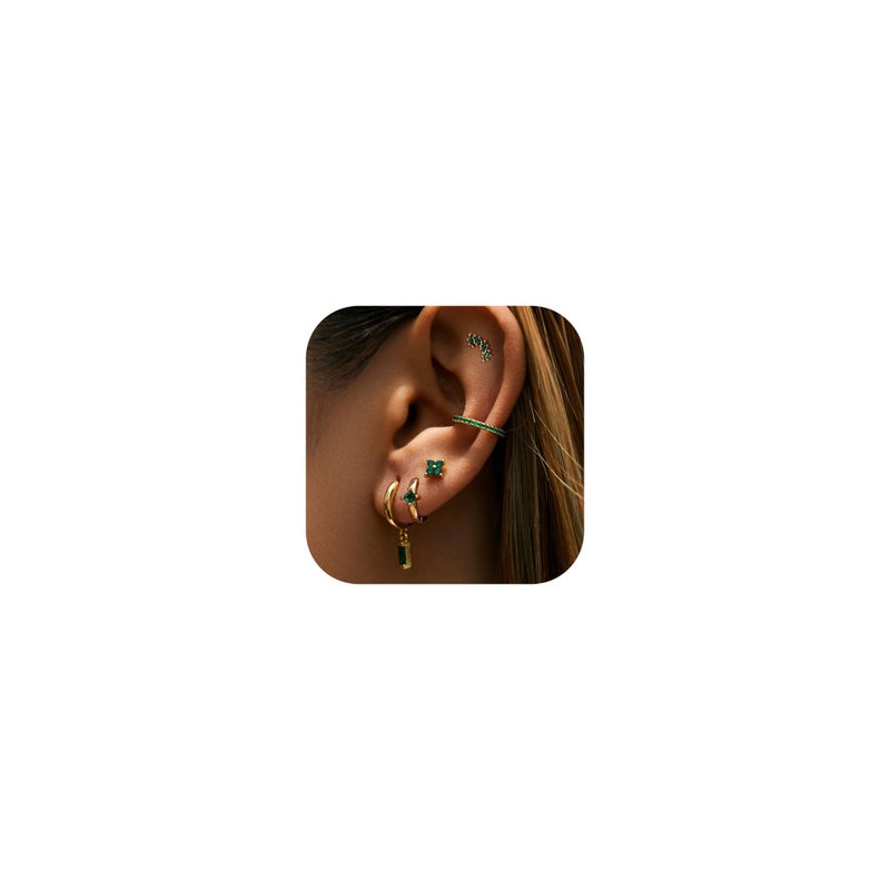 LOFITOR 5 Pairs Sterling Silver Stud Hoop Earrings for Women Teens Dainty 14k Gold Dainty Earrings 925 Sterling Silver Cartilage Earrings Stud Earrings Huggie Earrings Set for Multiple Piercing Small Hoop Earrings Stacks Green Leaf Set - Image 1