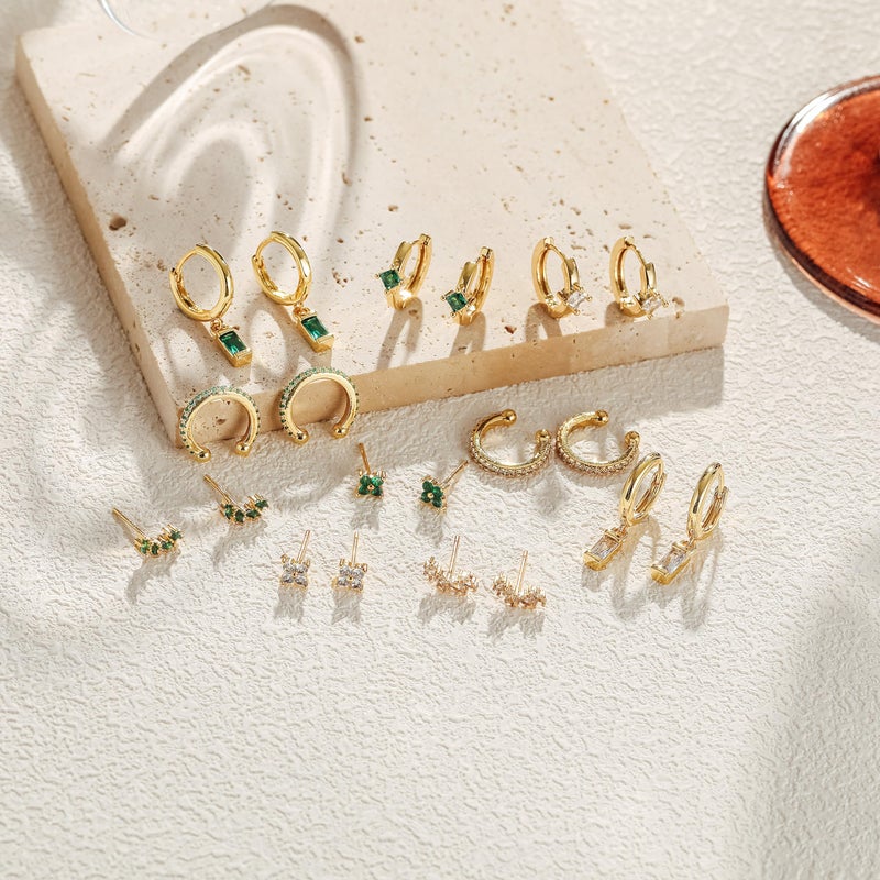 LOFITOR 5 Pairs Sterling Silver Stud Hoop Earrings for Women Teens Dainty 14k Gold Dainty Earrings 925 Sterling Silver Cartilage Earrings Stud Earrings Huggie Earrings Set for Multiple Piercing Small Hoop Earrings Stacks Green Leaf Set - Image 3