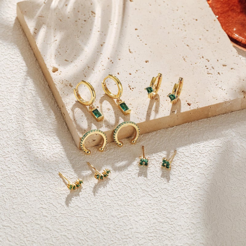 LOFITOR 5 Pairs Sterling Silver Stud Hoop Earrings for Women Teens Dainty 14k Gold Dainty Earrings 925 Sterling Silver Cartilage Earrings Stud Earrings Huggie Earrings Set for Multiple Piercing Small Hoop Earrings Stacks Green Leaf Set - Image 2