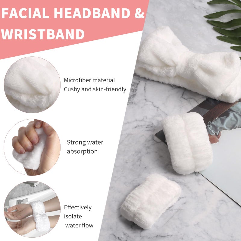 WSYUB Spa Headband and Wristband Set, Face Wash Headband, Makeup Skincare Headbands Wrist Bands for Washing Face, White - Image 3
