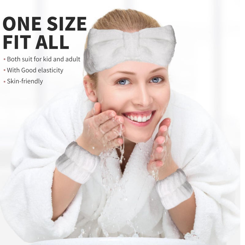 WSYUB Spa Headband and Wristband Set, Face Wash Headband, Makeup Skincare Headbands Wrist Bands for Washing Face, White - Image 5