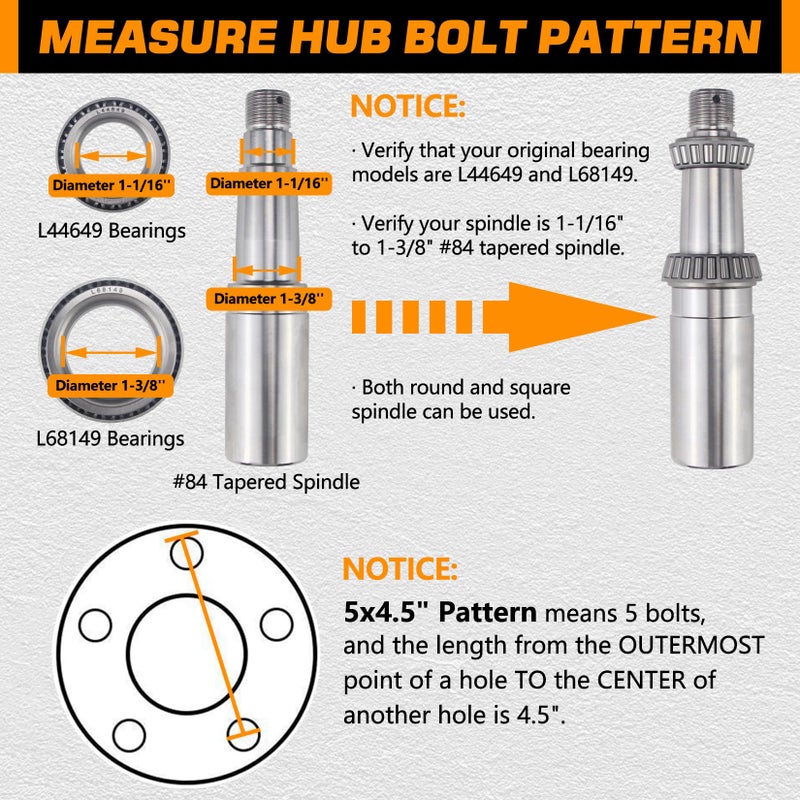 GREPSPUD 2 Sets Trailer Hub Kits 5 on 45 for 3500 lbs 1116 to 138 84 Tapered Axle Prelubricated L44649 L68149 Bearings 5x45 Trailer Replacement Idler Hub 5 Lug Bolt Trailer Wheel Hub Kit - Image 4