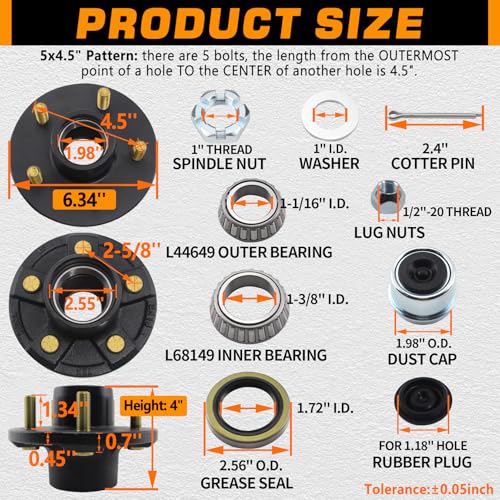 GREPSPUD 2 Sets Trailer Hub Kits 5 on 45 for 3500 lbs 1116 to 138 84 Tapered Axle Prelubricated L44649 L68149 Bearings 5x45 Trailer Replacement Idler Hub 5 Lug Bolt Trailer Wheel Hub Kit - Image 5