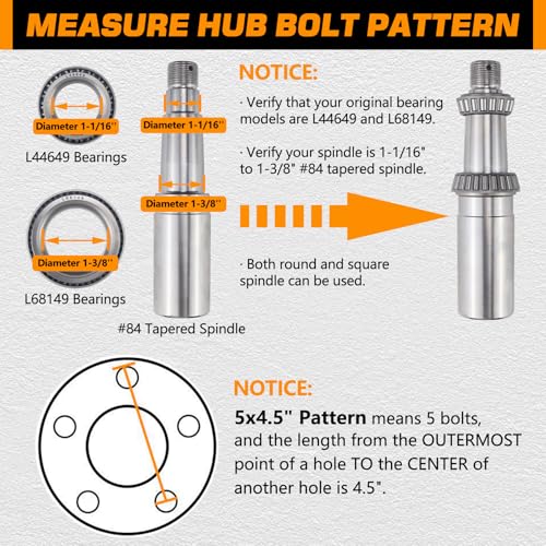 GREPSPUD 2 Sets Trailer Hub Kits 5 on 45 for 3500 lbs 1116 to 138 84 Tapered Axle Prelubricated L44649 L68149 Bearings 5x45 Trailer Replacement Idler Hub 5 Lug Bolt Trailer Wheel Hub Kit - Image 3