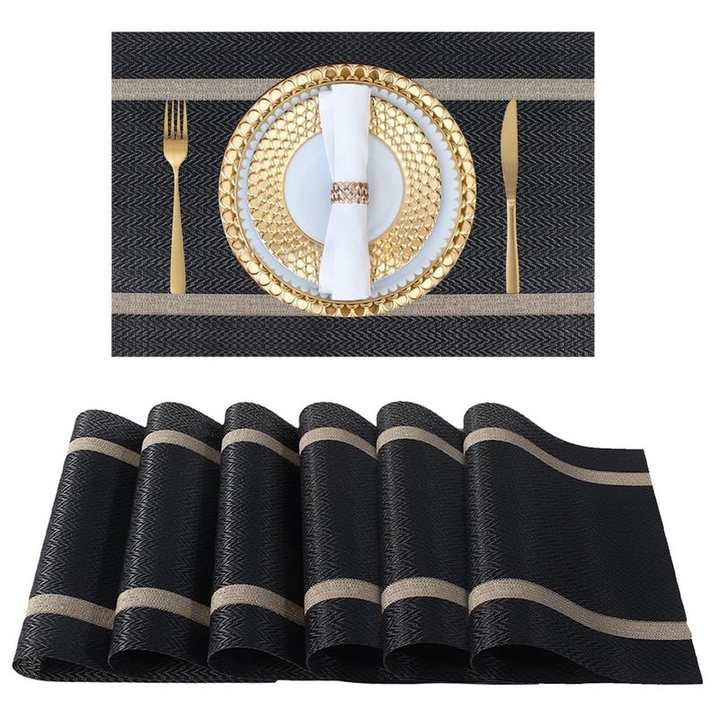 FAVE Placemats Set of 6 Black Placemats Woven with Golden Thread Durable and Wipeable Vinyl Placemat Set of 6 for Wedding Banquet Birthday Party Restaurant DecorationsBlack