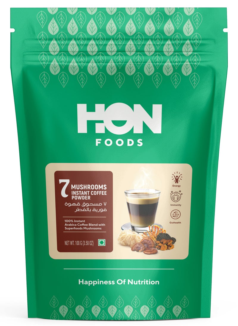 HON FOODS - 7 Mushrooms Instant Coffee Powder | Made With Chaga Mushroom Extract | Caffeine Free | Pack of 100 gm - Image 1