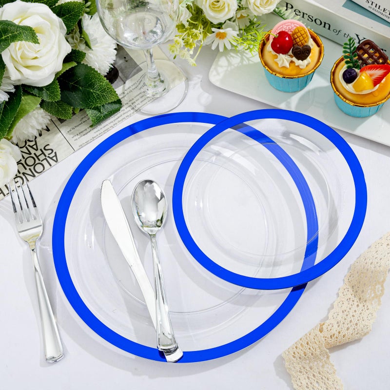 U-QE 120pcs Royal Blue Plastic Plates - Clear Disposable Plates Heavy Duty - Includes 60 10"" Dinner & 60 7"" Dessert Plates for Party?Birthday?Easter - Image 3