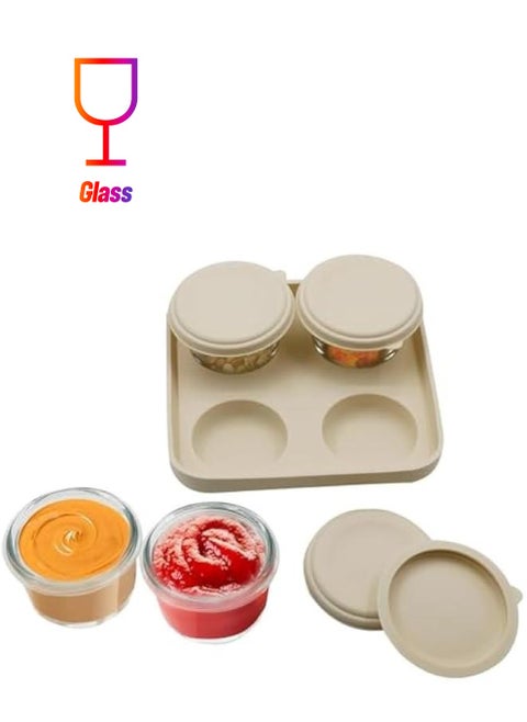 Durku 4 Pack Salad Dressing Container To Go, 4.5 Oz Glass Condiment Containers With Leakproof Silicone Lids, Reusable Dipping Sauce Cups Set,BPA-Free Salad Dressing Container for Work Trip (Beige)