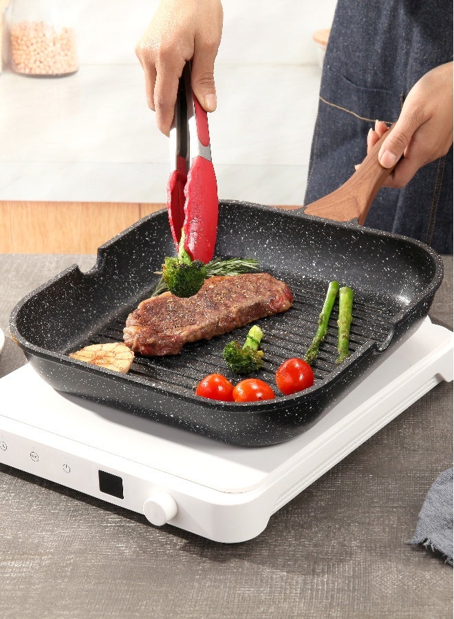 ESLITE LIFE مقلاة جريل غير لاصقة مقاس 28 سم – مقلاة شواء 11 بوصة للطهي الصحي من الألمنيوم قاعدة مناسبة للاستخدام على الحث الحراري, طلاء غير لاصق مقاومة للخدش ومتينة, مقبض بتصميم خشبي - Image 1