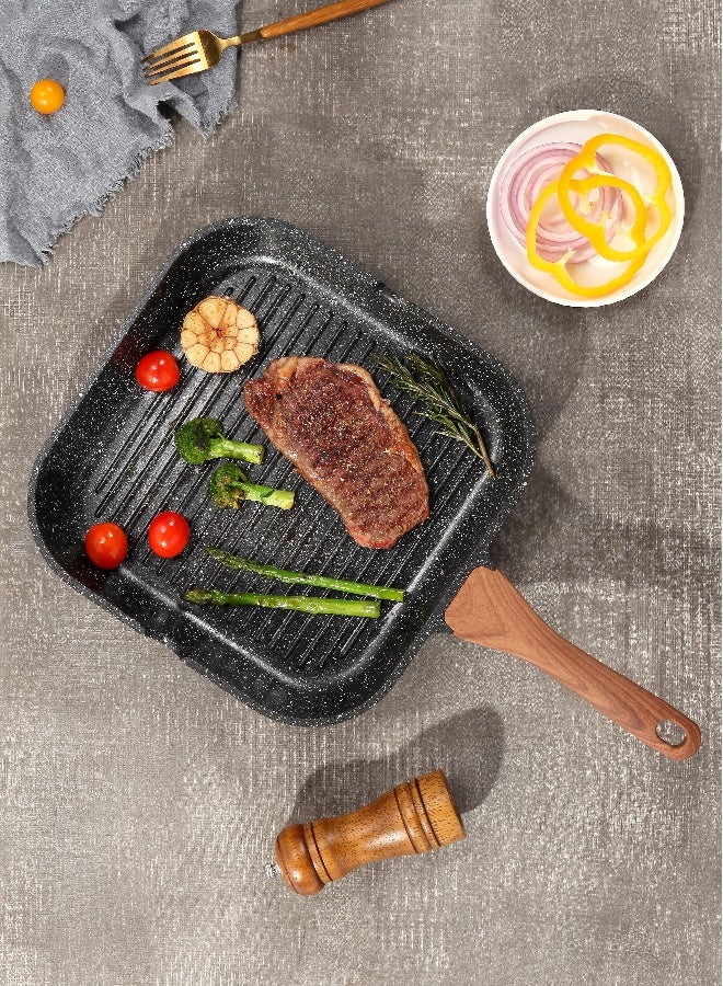 ESLITE LIFE مقلاة جريل غير لاصقة مقاس 28 سم – مقلاة شواء 11 بوصة للطهي الصحي من الألمنيوم قاعدة مناسبة للاستخدام على الحث الحراري, طلاء غير لاصق مقاومة للخدش ومتينة, مقبض بتصميم خشبي - Image 3