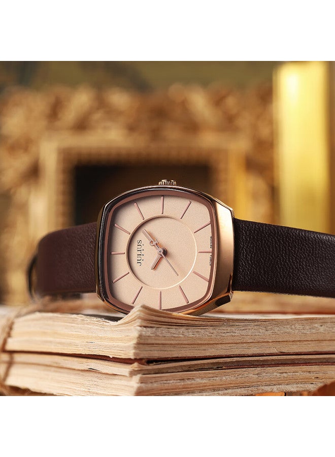 Julius Watch For Women, Retro Fashion, Barrel-shaped, Simple Leather Strap, Versatile Quartz Student Ladies' Watch, Brown Ja-669ld - Image 2