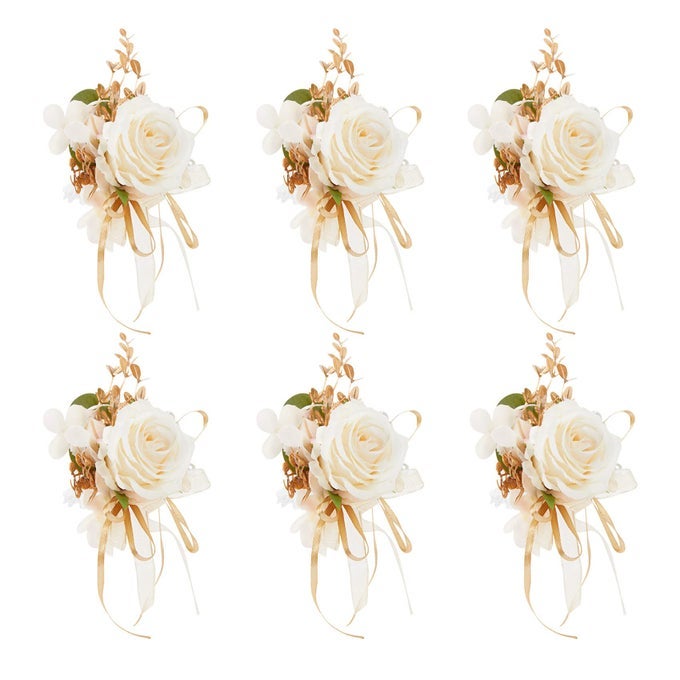 ROSE WRIST CORSAGE FOR GIRLS WOMEN BRIDE BRIDESMAID SET OF 6 CHAMPAGNE HAND FLOWER WEDDING ARTIFICIAL FLOWERS ACCESSORIES FOR PROM PARTY