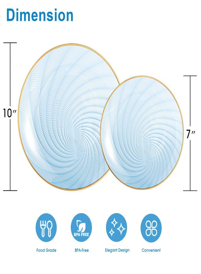 N9R 60 PCS Blue Plastic Plates - Elegant Spiral Design & Gold Rim, Heavy Duty Disposable Dinnerware for Parties, Weddings, Include 30pcs Dinner Plate 10", 30pcs Dessert Plates 7"(Translucent Blue) - Image 2