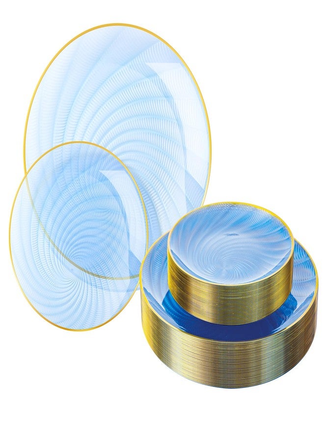 N9R 60 PCS Blue Plastic Plates - Elegant Spiral Design & Gold Rim, Heavy Duty Disposable Dinnerware for Parties, Weddings, Include 30pcs Dinner Plate 10", 30pcs Dessert Plates 7"(Translucent Blue) - Image 1