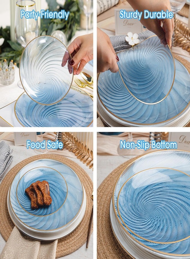 N9R 60 PCS Blue Plastic Plates - Elegant Spiral Design & Gold Rim, Heavy Duty Disposable Dinnerware for Parties, Weddings, Include 30pcs Dinner Plate 10", 30pcs Dessert Plates 7"(Translucent Blue) - Image 3