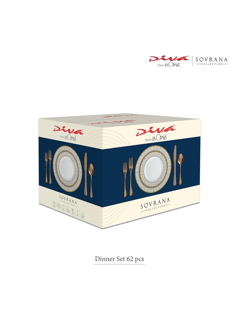 La Opala - La Opala, Sovrana Collection, Opal Glass Traditional Dinner Set 62 Pcs, Persian Grey, White - Image 1