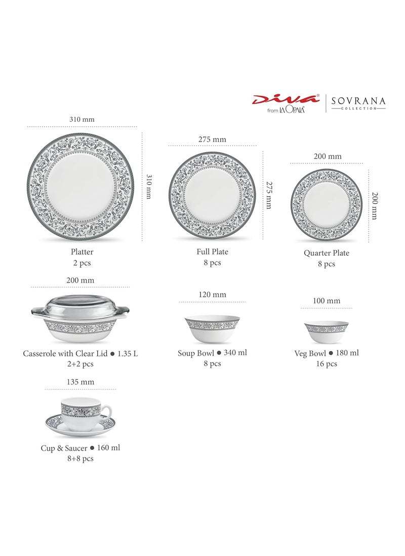 La Opala - La Opala, Sovrana Collection, Opal Glass Traditional Dinner Set 62 Pcs, Persian Grey, White - Image 1
