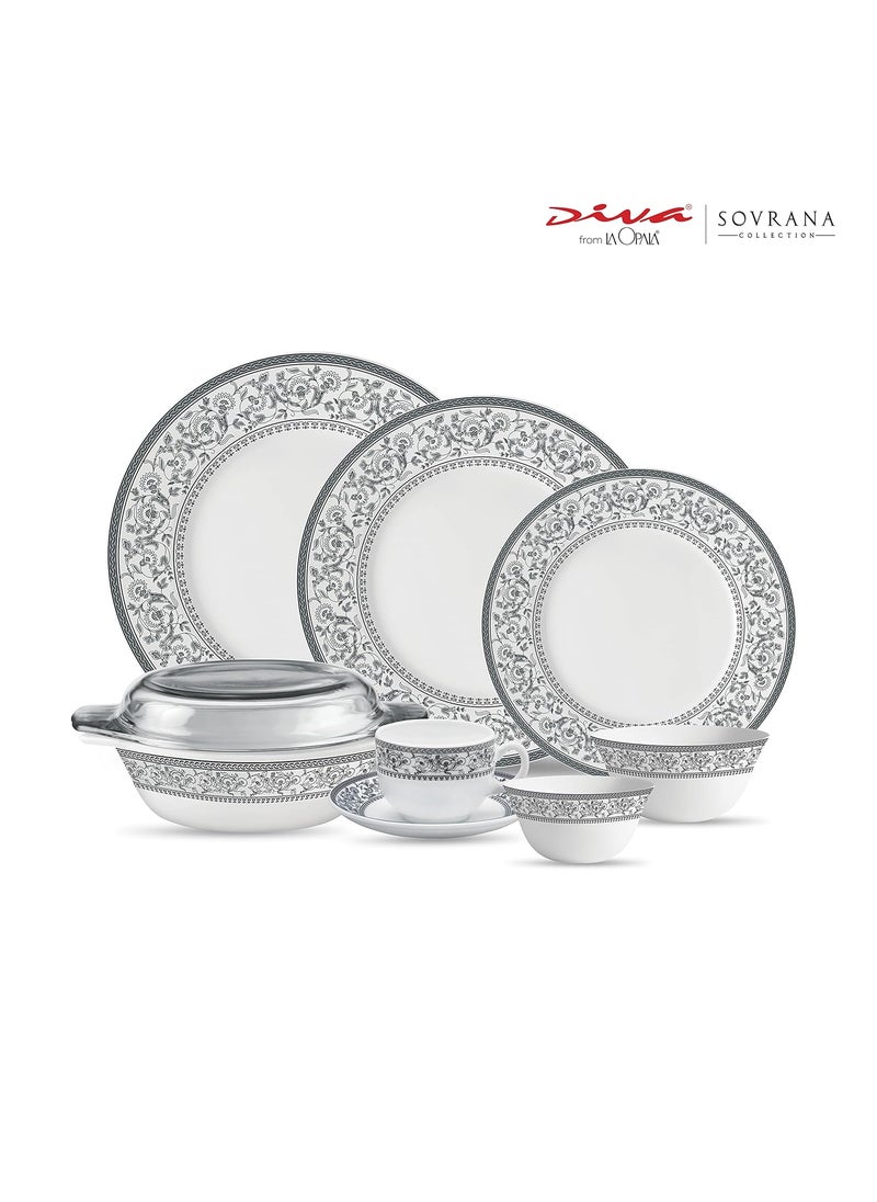 La Opala - La Opala, Sovrana Collection, Opal Glass Traditional Dinner Set 62 Pcs, Persian Grey, White - Image 1